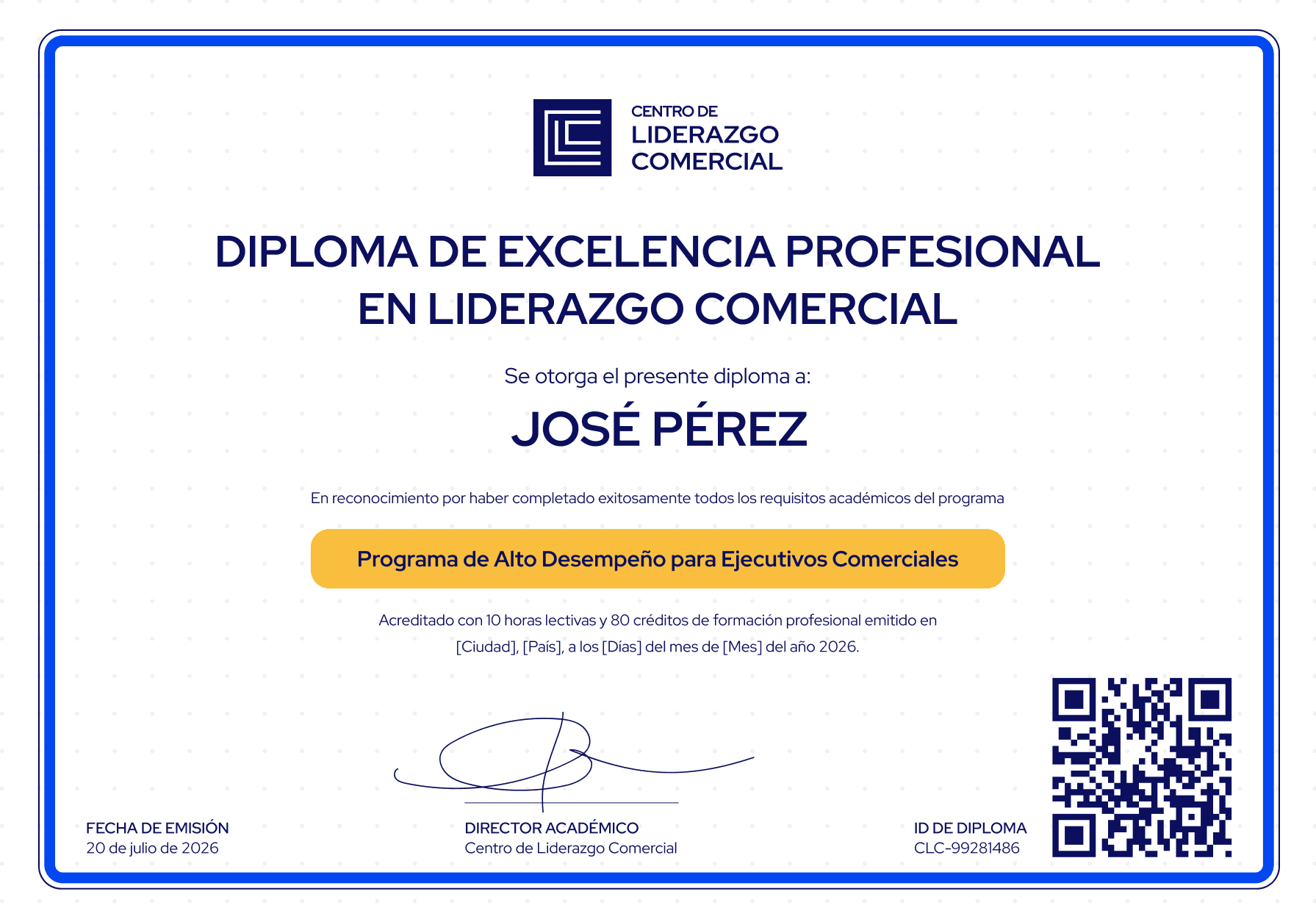 Diploma de excelencia profesional en liderazgo comercial emitido por Medicina Crítica, con código de verificación